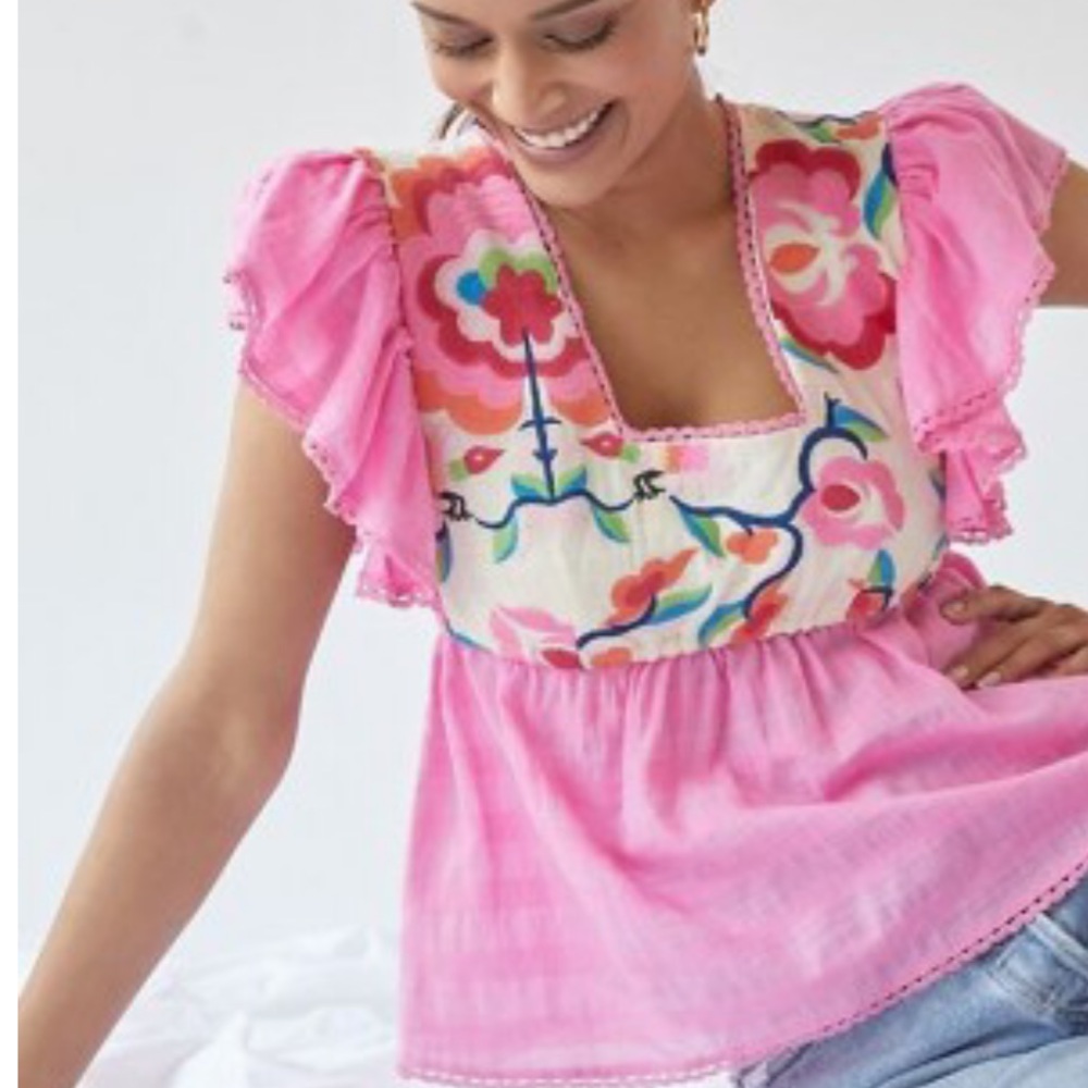 HP 🎉 Plenty by Tracy Reese x Anthropologie Embroidered Babydoll XS Pink Crochet